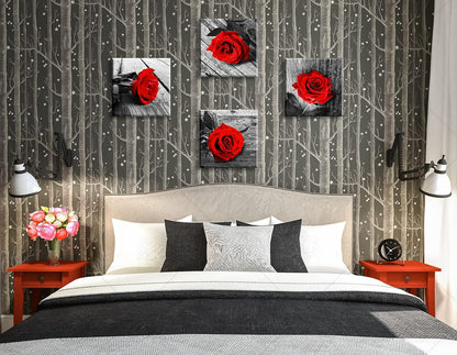 Red Bathroom Accessories Wall Decor for Couples Bedroom Black and White Paintings for Living Room Kitchen Home Decorations Canvas Prints Art Rose Flowers Love Picture Frame Artwork 12X12" 4 Pcs/Set